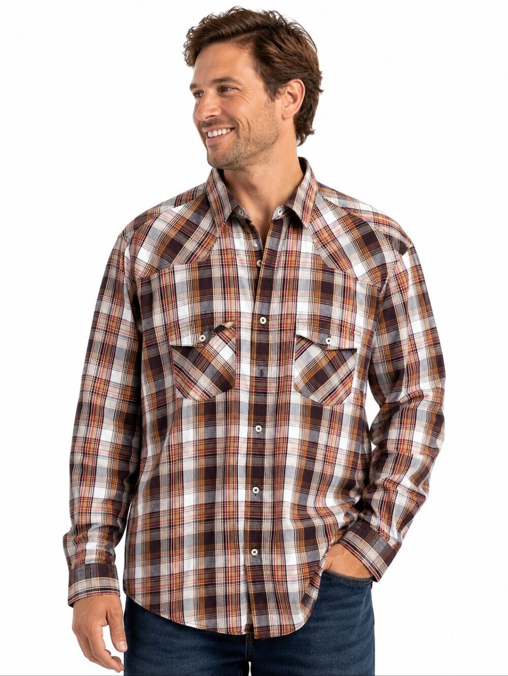 Patagonia Organic Cotton Plaid Western Shirt Men’s XL Brown Tan Pearl Snap Style